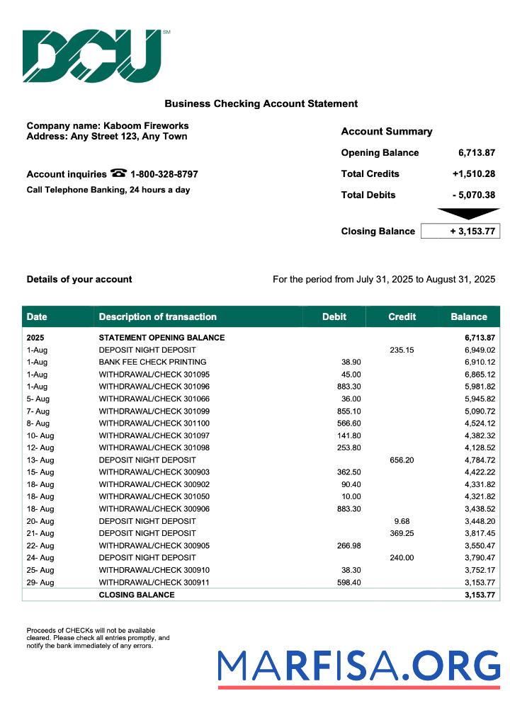 Printable USA DCU company checking account statement Word and PDF template